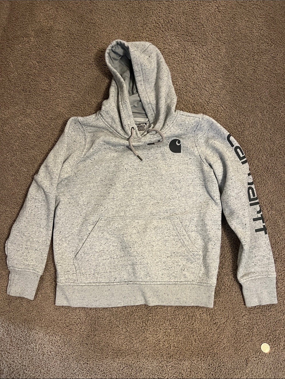 Heathered  Grey relaxed fit Carhartt hoodie with logo on sleeve Size S